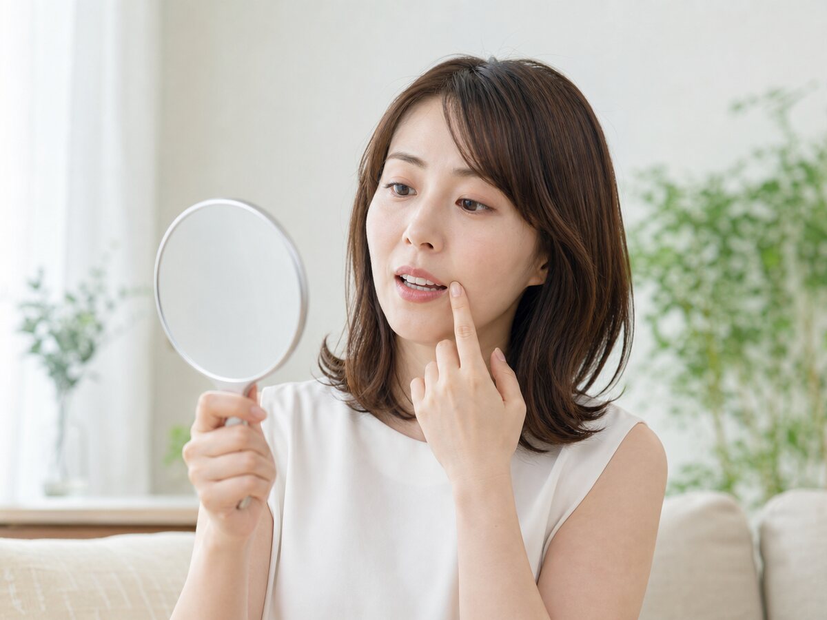 鏡で気になる口元を確認する人