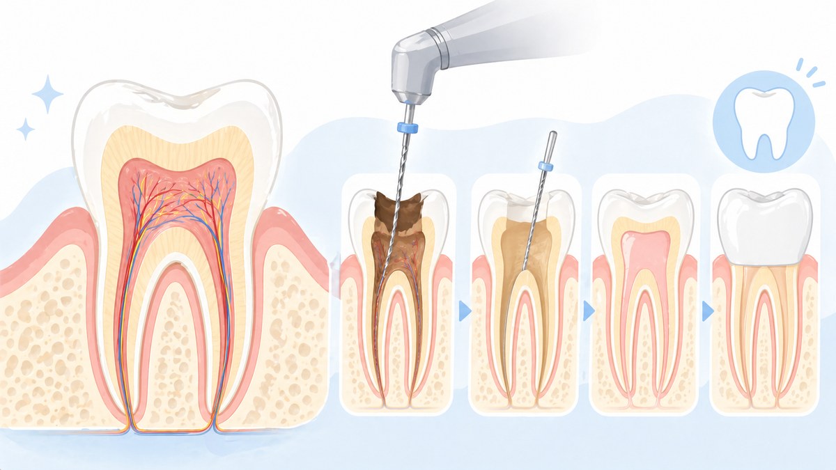 歯の神経を抜く根管治療の流れを説明するイラスト