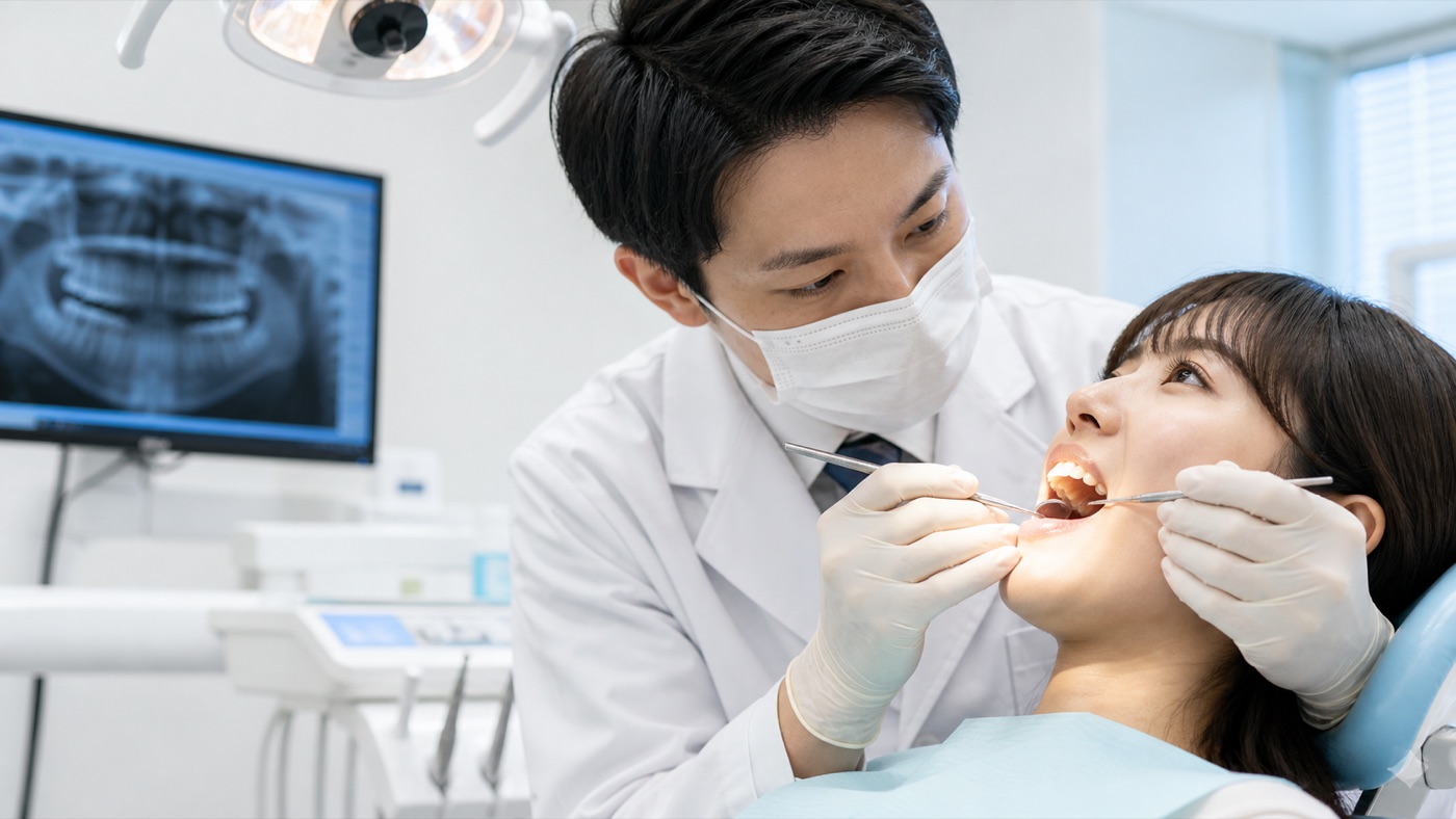 歯科医院で歯茎の状態を確認しているイメージ