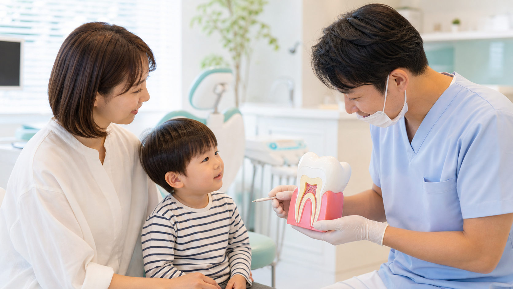 乳歯の虫歯について歯科医師の説明を受ける親子のイメージ