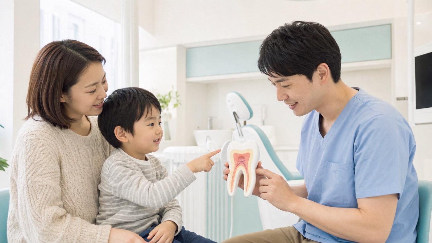 子どもの虫歯について歯科医師の説明を受ける親子のイメージ