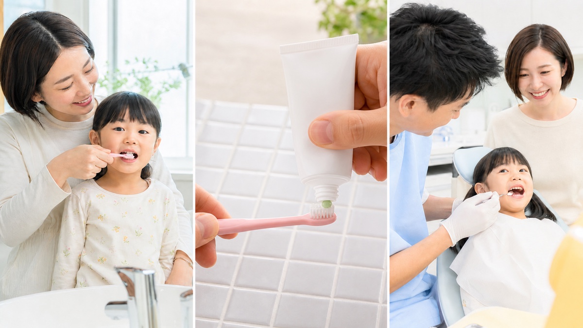 仕上げ磨き、フッ化物配合歯磨剤、定期的な歯科確認を示す子どもの予防ケア