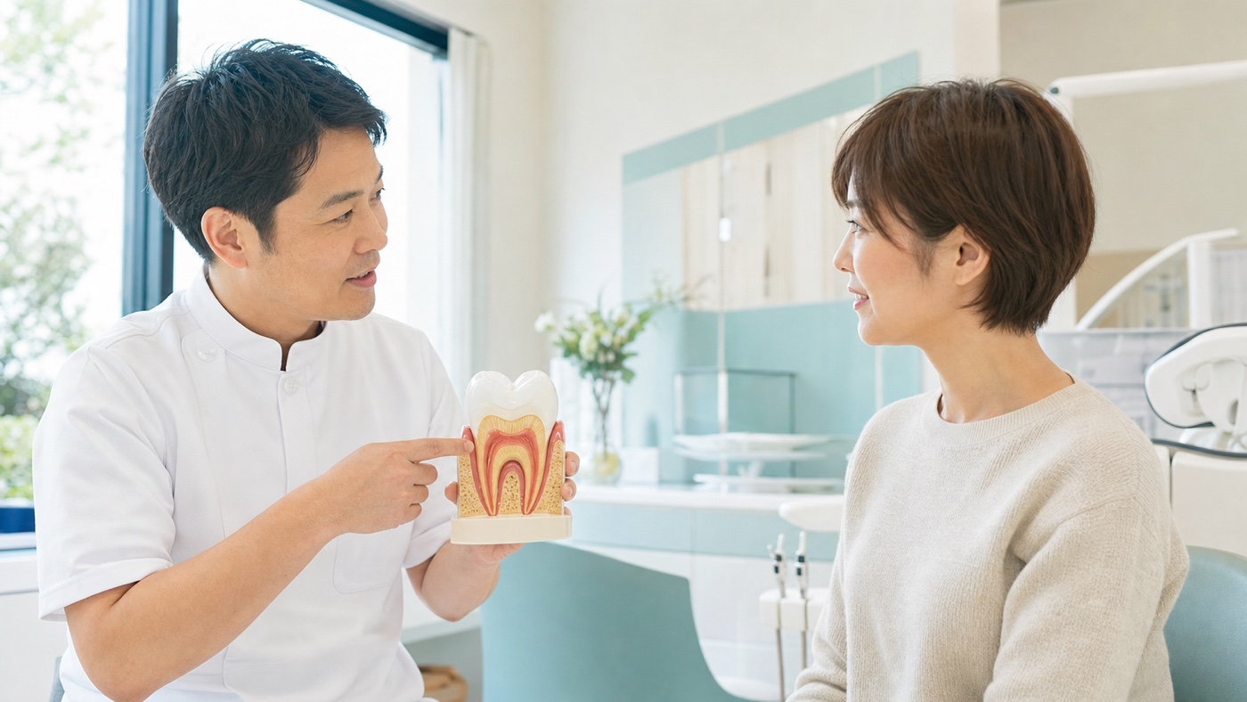 歯のひびについて歯科医師から説明を受ける患者のイメージ