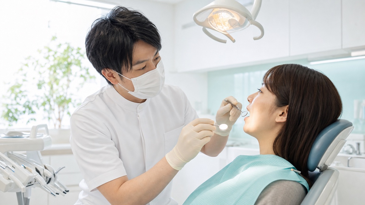 歯のひびを歯科用ミラーと照明で確認する診察のイメージ