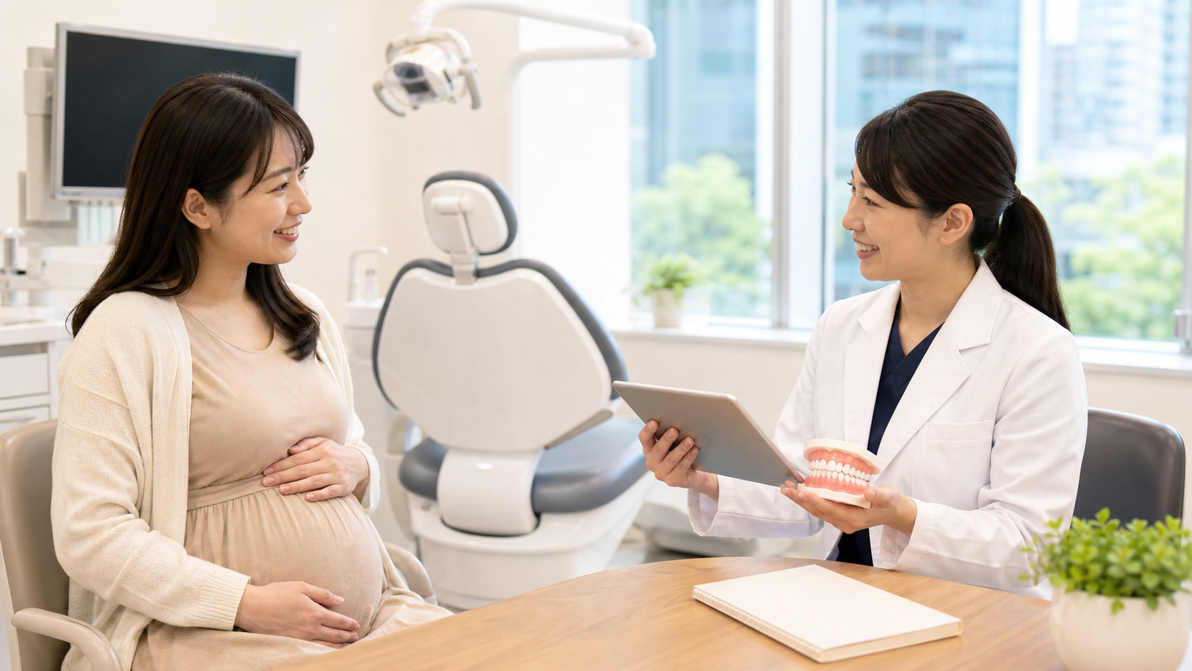 妊婦が歯科医師に妊娠中の歯科受診について相談している様子