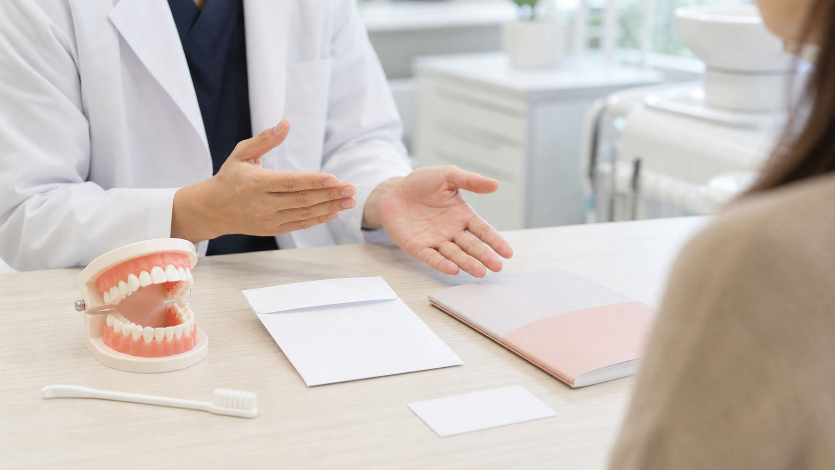 妊娠中の歯科治療で確認する歯の模型と説明資料