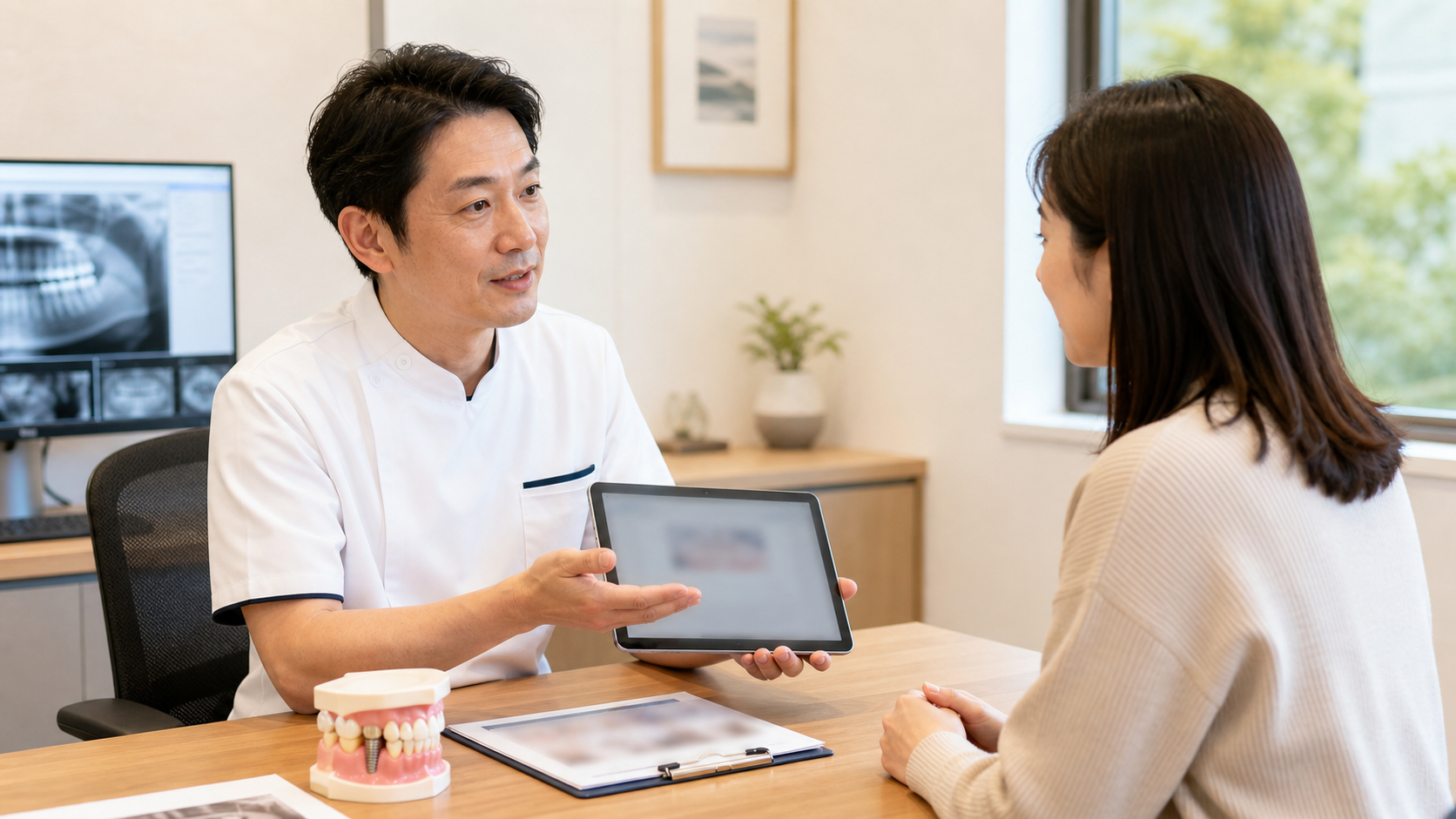 インプラント費用について歯科医師が検査結果と見積もりを説明している様子