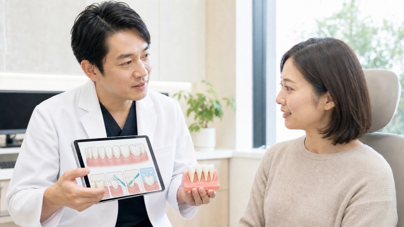 歯科医師がタブレットと歯の模型を使って治療計画を説明する様子