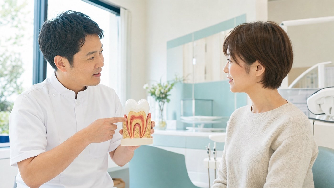 歯のひびについて歯科医師から説明を受ける患者のイメージ