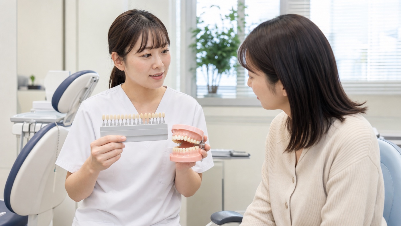 歯科衛生士がシェードガイドと歯の模型で着色と歯本来の色を説明する様子