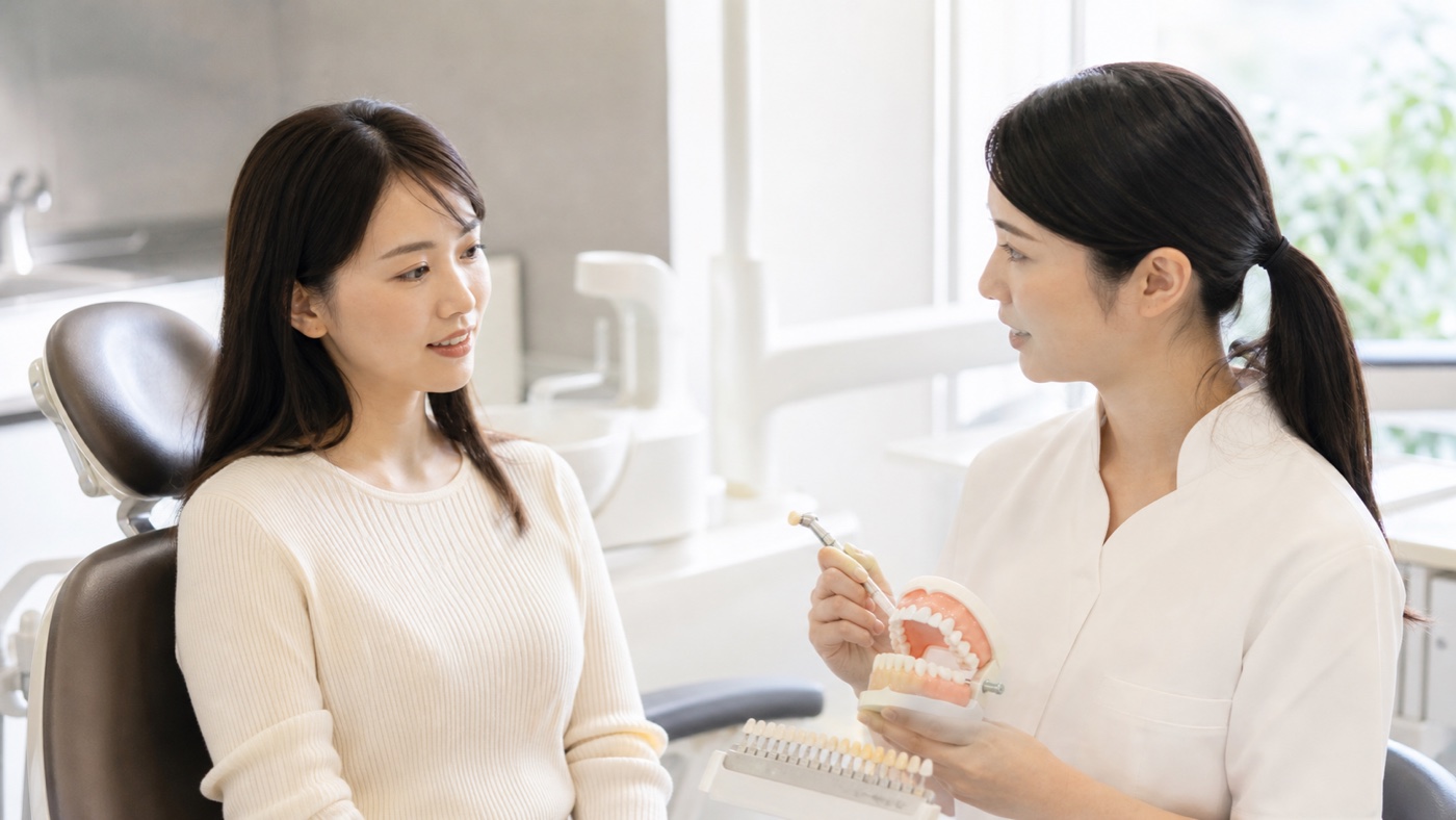 歯科医院でクリーニングとホワイトニングの違いを相談する様子