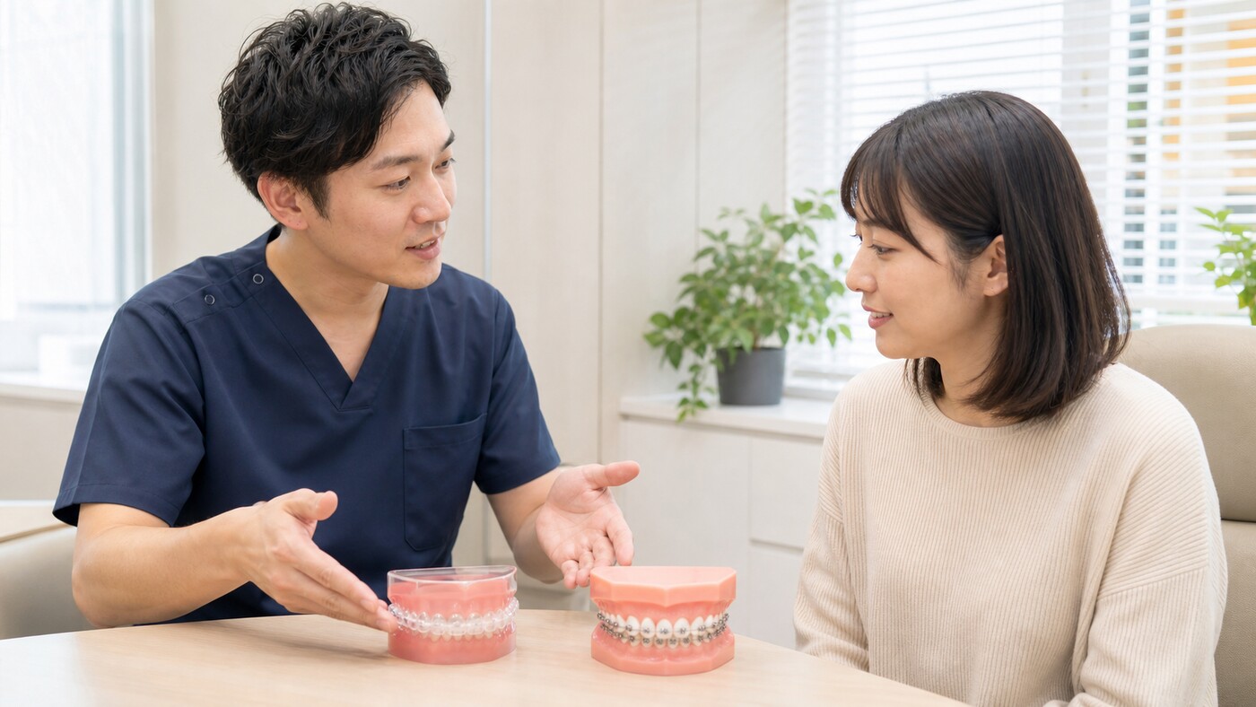 歯科医師がマウスピース矯正とワイヤー矯正の違いを歯列模型で説明する様子